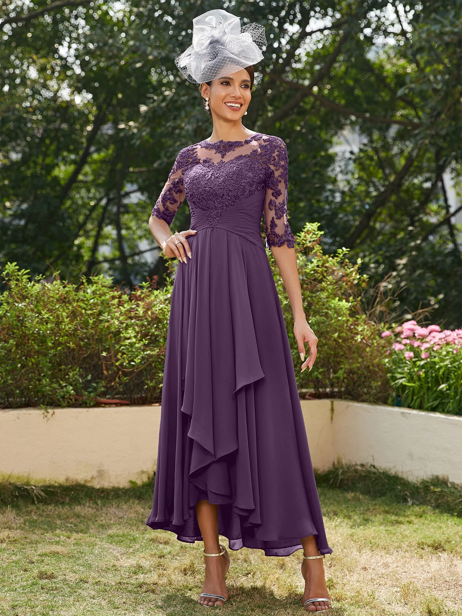A-Line/Princess Sheer Neck Half Sleeves Long Evening Dresses with Appliques - Image 48