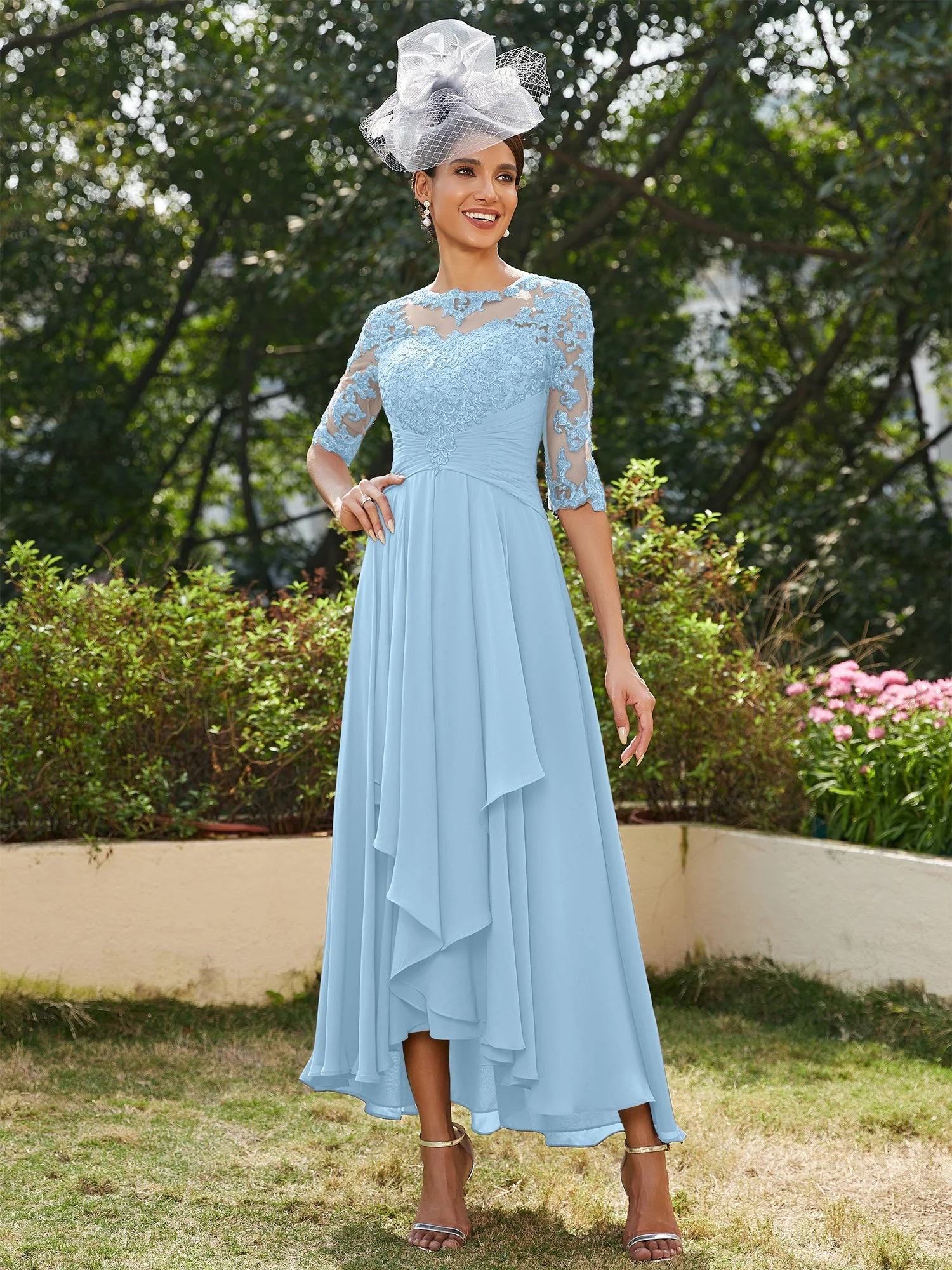 A-Line/Princess Sheer Neck Half Sleeves Long Evening Dresses with Appliques - Image 52
