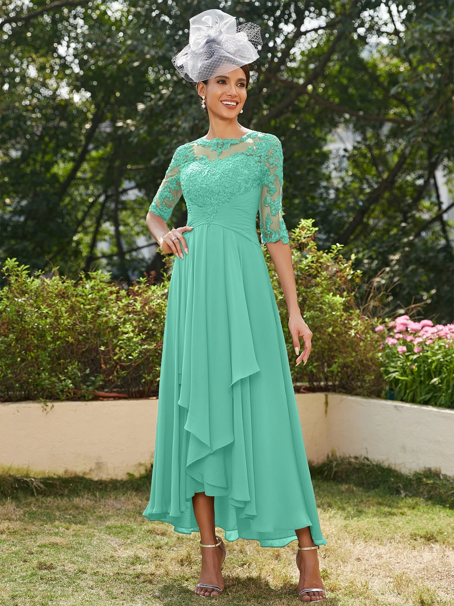 A-Line/Princess Sheer Neck Half Sleeves Long Evening Dresses with Appliques - Image 63