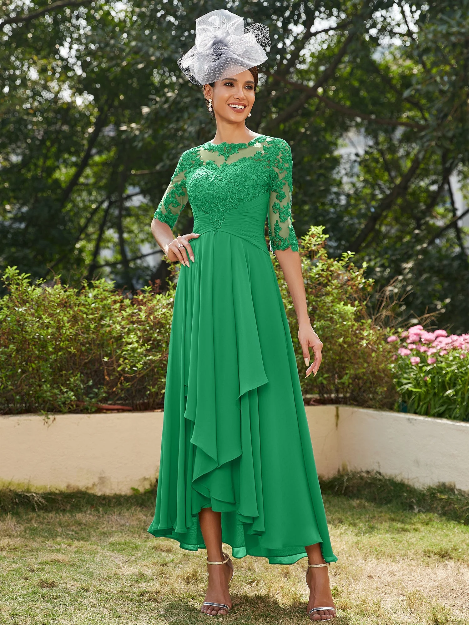 A-Line/Princess Sheer Neck Half Sleeves Long Evening Dresses with Appliques - Image 65