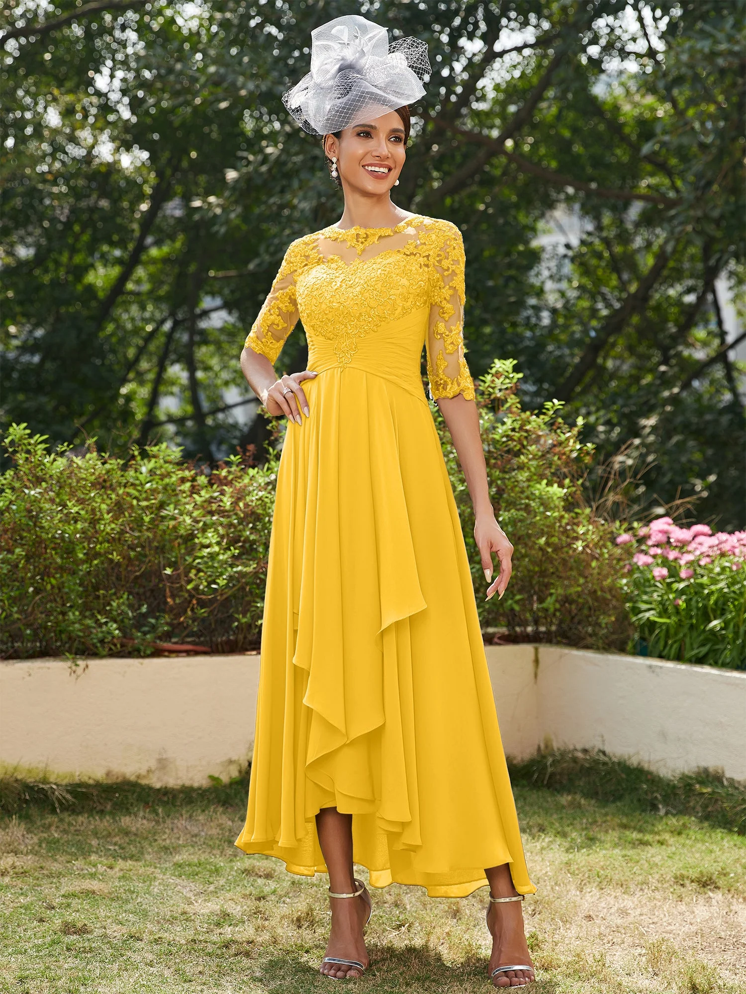 A-Line/Princess Sheer Neck Half Sleeves Long Evening Dresses with Appliques - Image 72