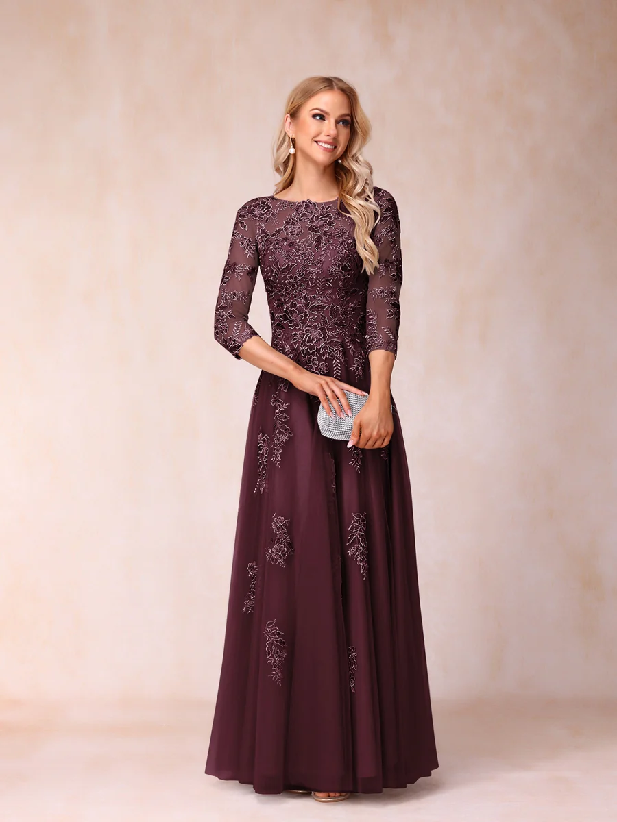 A-Line/Princess Sheer Neck Half Sleeves Long Formal Evening Dresses with Beading & Appliques - Image 12
