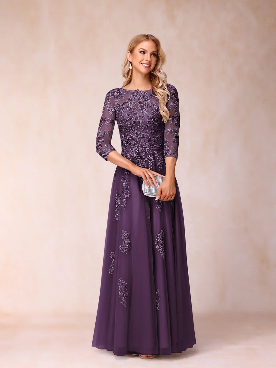 A-Line/Princess Sheer Neck Half Sleeves Long Formal Evening Dresses with Beading & Appliques - Image 29