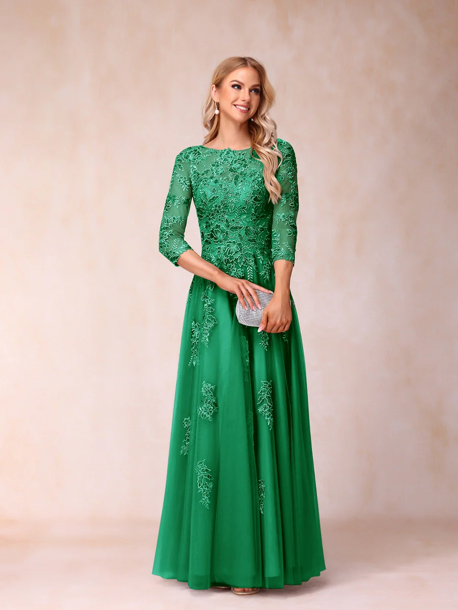 A-Line/Princess Sheer Neck Half Sleeves Long Formal Evening Dresses with Beading & Appliques - Image 31