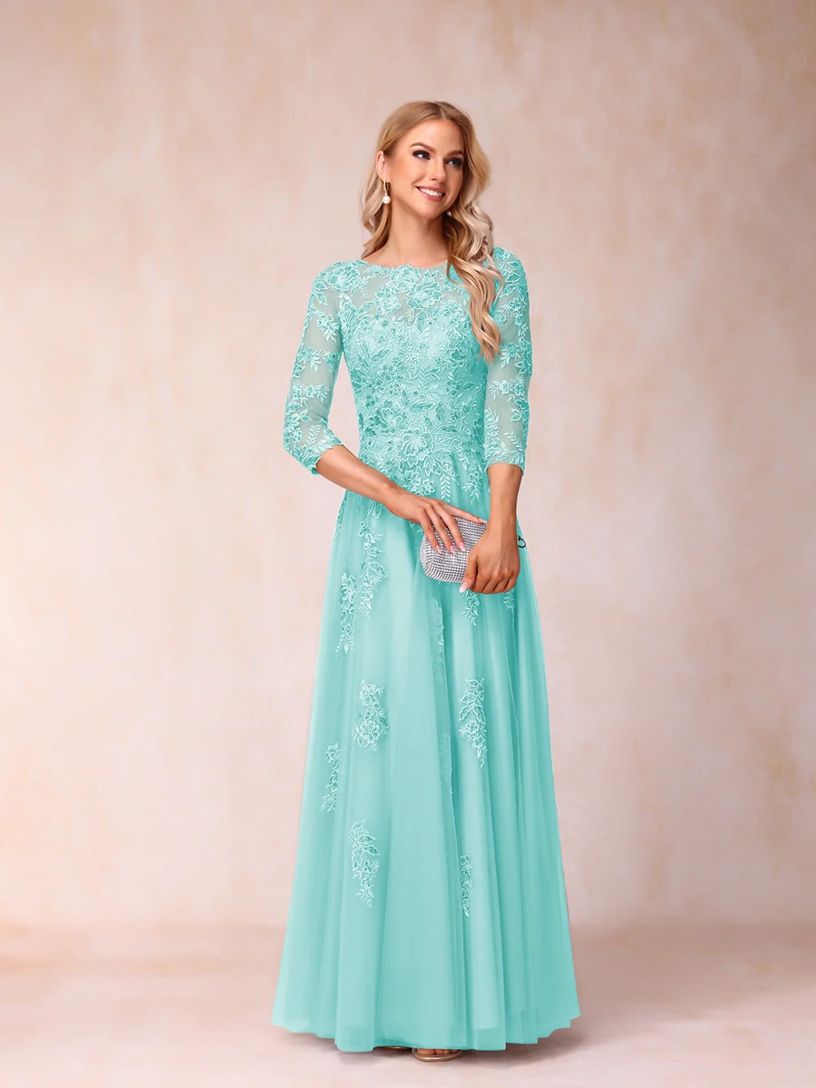 A-Line/Princess Sheer Neck Half Sleeves Long Formal Evening Dresses with Beading & Appliques - Image 41