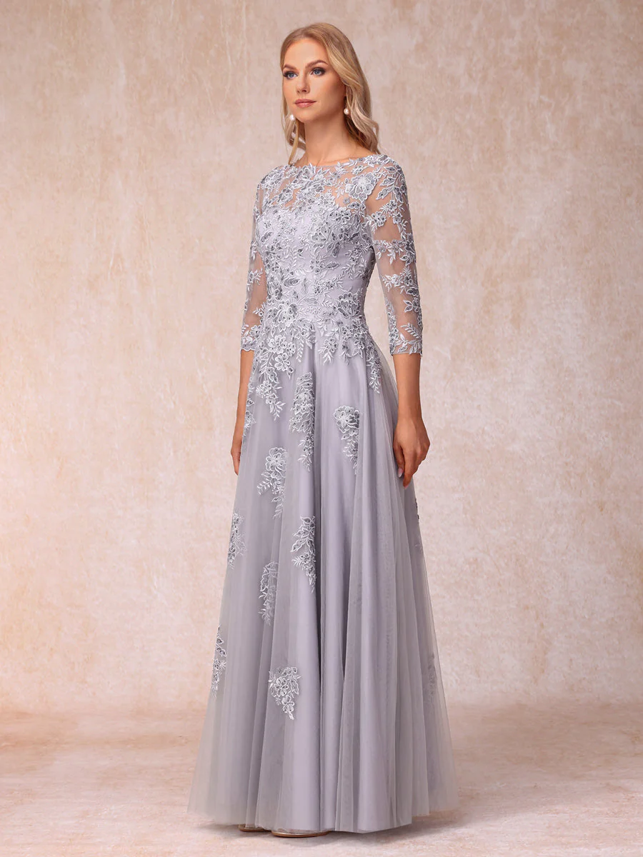 A-Line/Princess Sheer Neck Half Sleeves Long Formal Evening Dresses with Beading & Appliques - Image 6