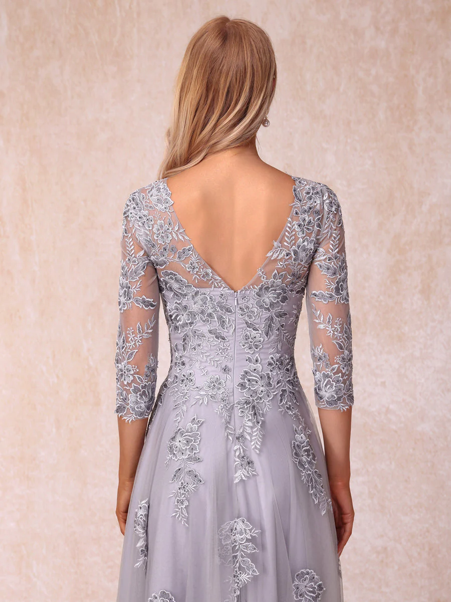 A-Line/Princess Sheer Neck Half Sleeves Long Formal Evening Dresses with Beading & Appliques - Image 7
