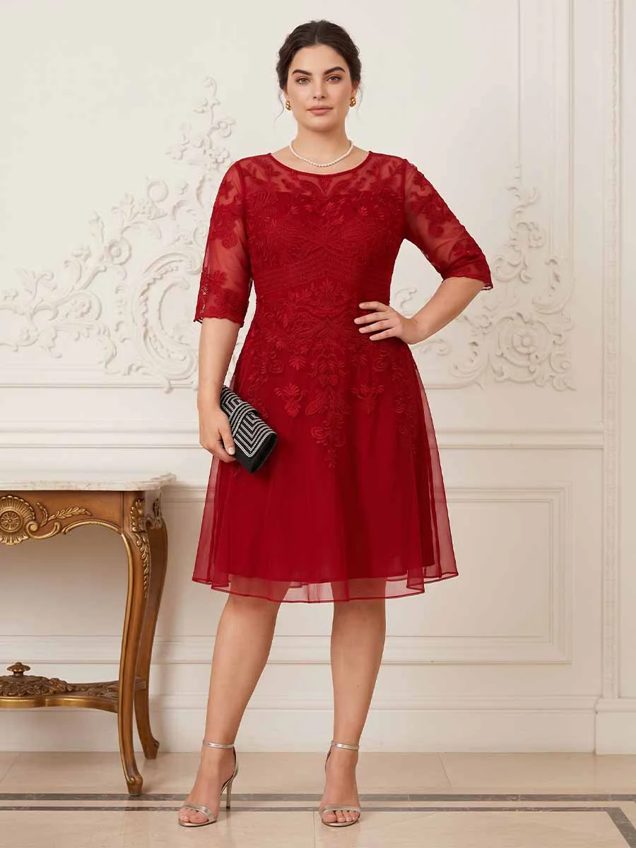 A-Line/Princess Sheer Neck Half Sleeves Short Formal Plus Size Evening Dresses with Appliques