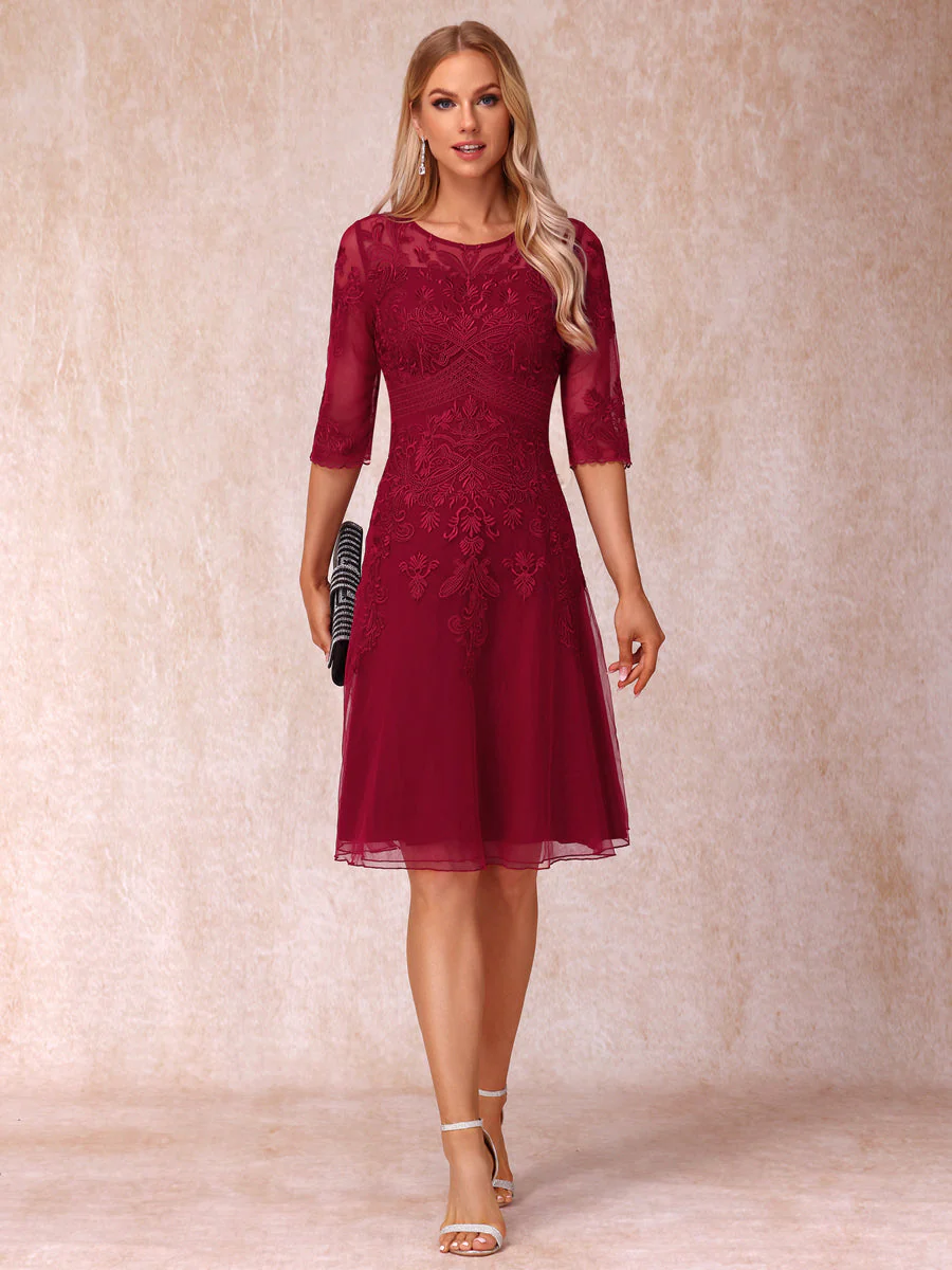 A-Line/Princess Sheer Neck Half Sleeves Short Wedding Guest Dresses with Appliques - Image 3