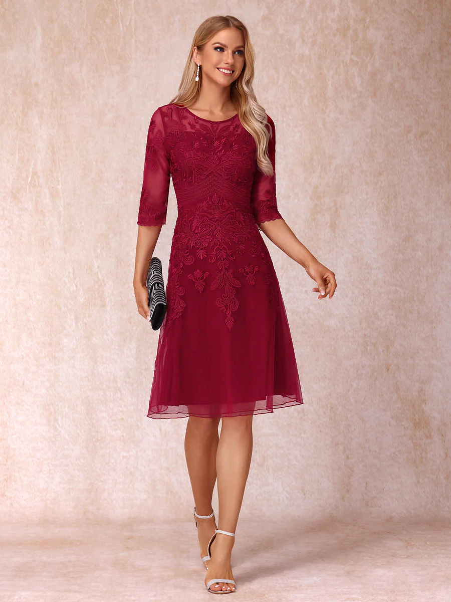 A-Line/Princess Sheer Neck Half Sleeves Short Wedding Guest Dresses with Appliques - Image 4