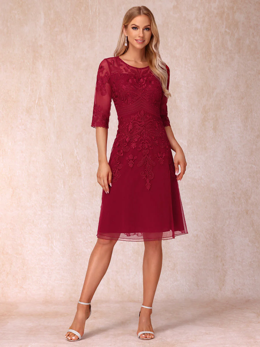 A-Line/Princess Sheer Neck Half Sleeves Short Wedding Guest Dresses with Appliques - Image 5