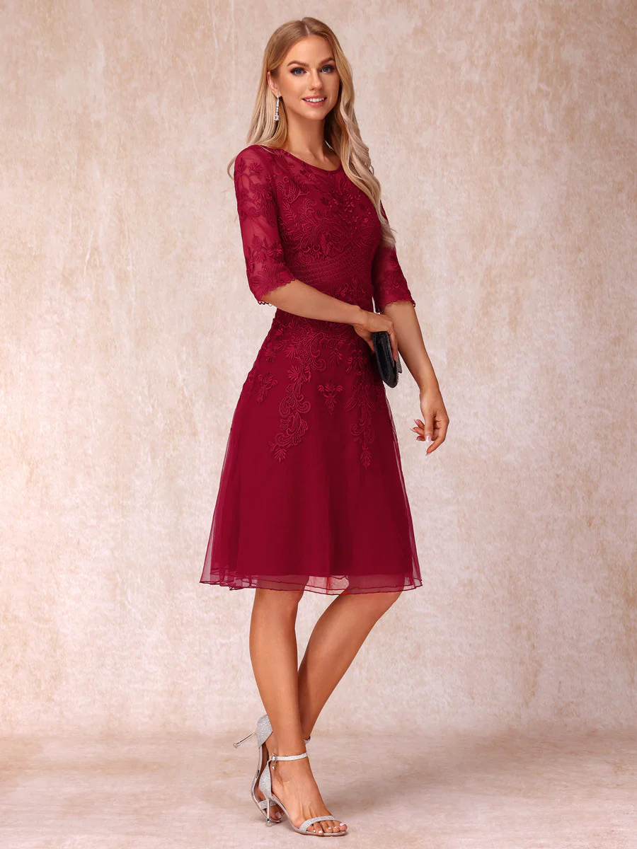 A-Line/Princess Sheer Neck Half Sleeves Short Wedding Guest Dresses with Appliques - Image 6