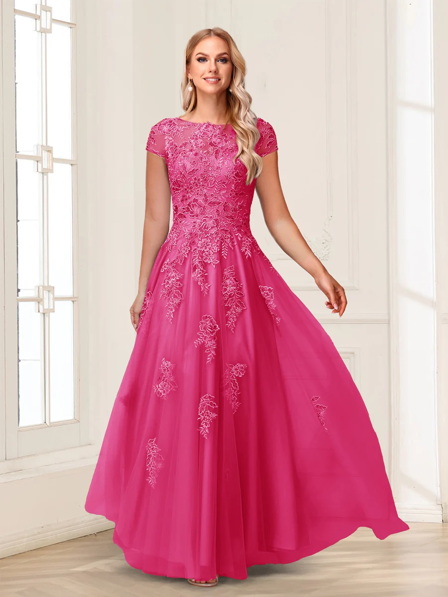 A-Line/Princess Sheer Neck Short Sleeves Long Formal Evening Dresses with Beading & Appliques - Image 21