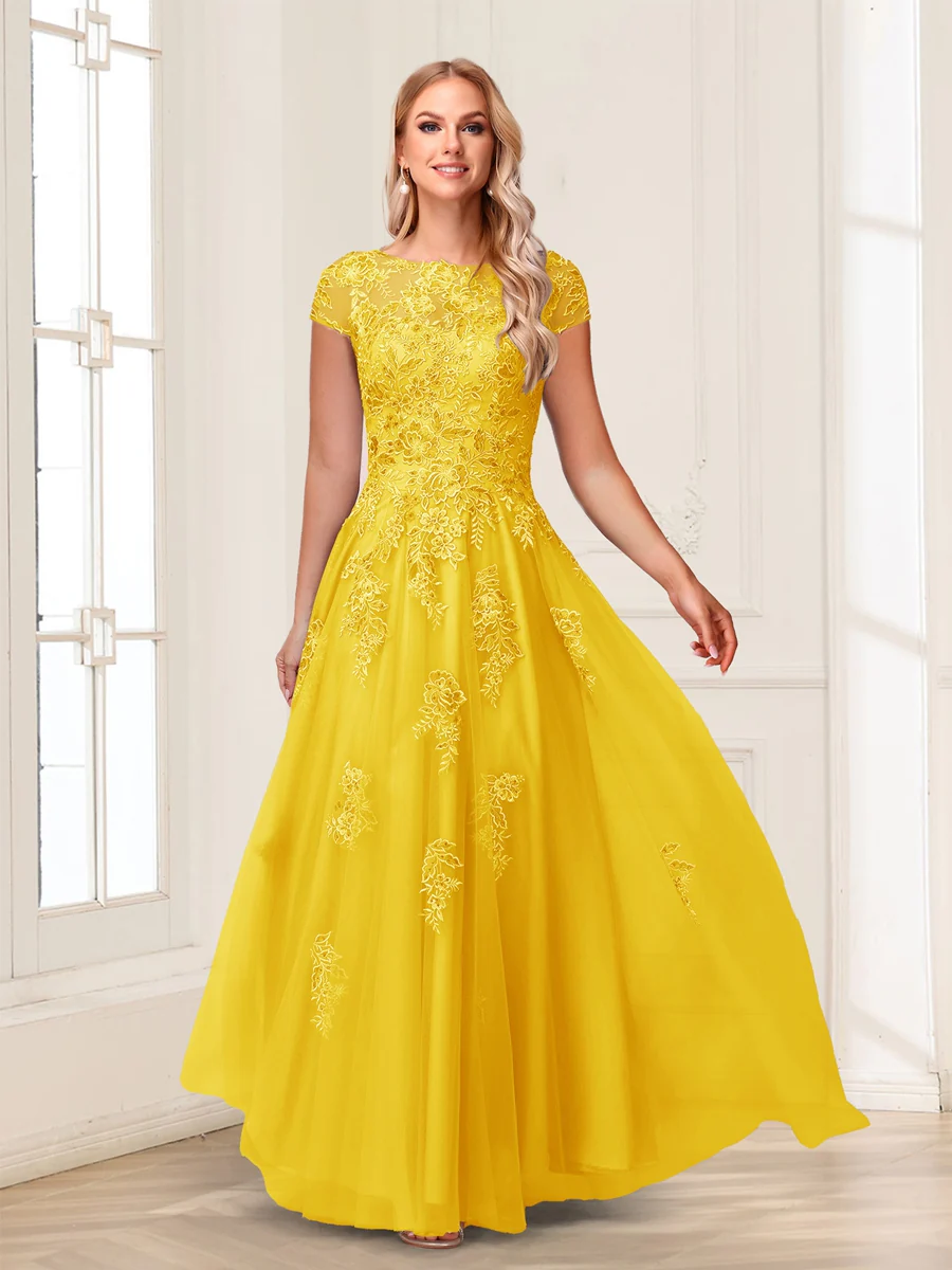 A-Line/Princess Sheer Neck Short Sleeves Long Formal Evening Dresses with Beading & Appliques - Image 23