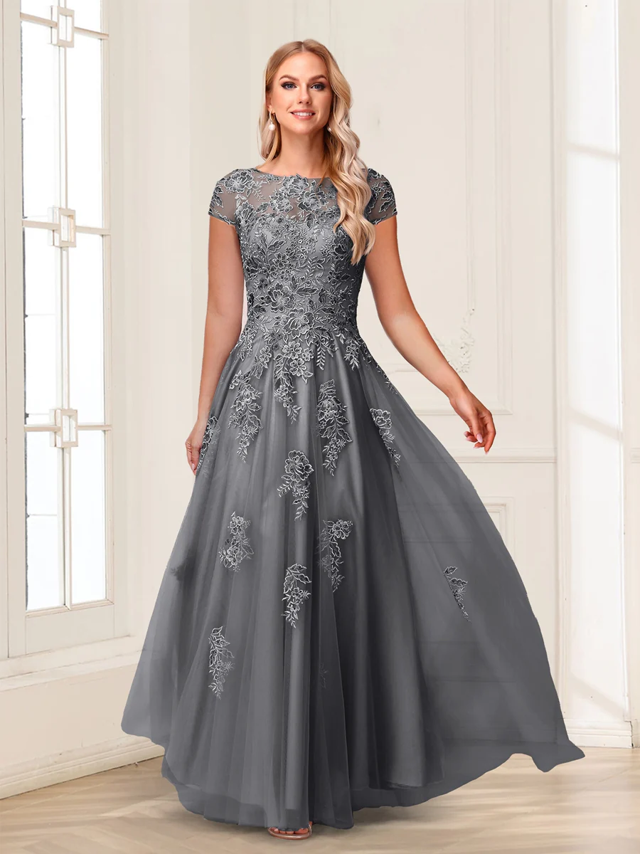 A-Line/Princess Sheer Neck Short Sleeves Long Formal Evening Dresses with Beading & Appliques - Image 25