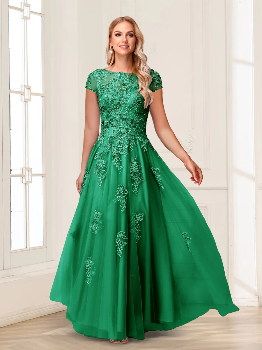 A-Line/Princess Sheer Neck Short Sleeves Long Formal Evening Dresses with Beading & Appliques - Image 26