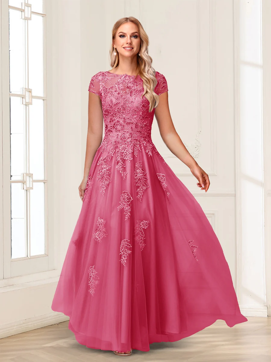 A-Line/Princess Sheer Neck Short Sleeves Long Formal Evening Dresses with Beading & Appliques - Image 27