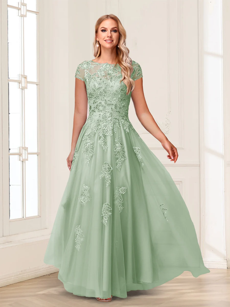 A-Line/Princess Sheer Neck Short Sleeves Long Formal Evening Dresses with Beading & Appliques - Image 58
