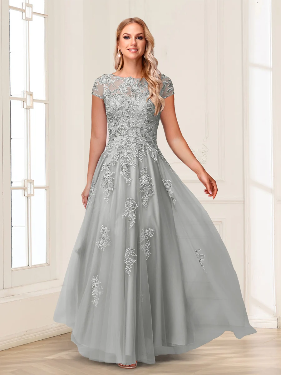 A-Line/Princess Sheer Neck Short Sleeves Long Formal Evening Dresses with Beading & Appliques - Image 60