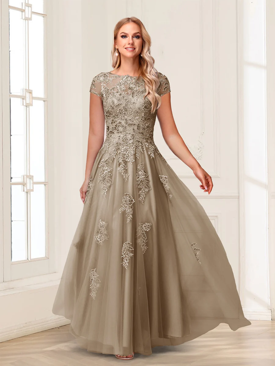 A-Line/Princess Sheer Neck Short Sleeves Long Formal Evening Dresses with Beading & Appliques - Image 66