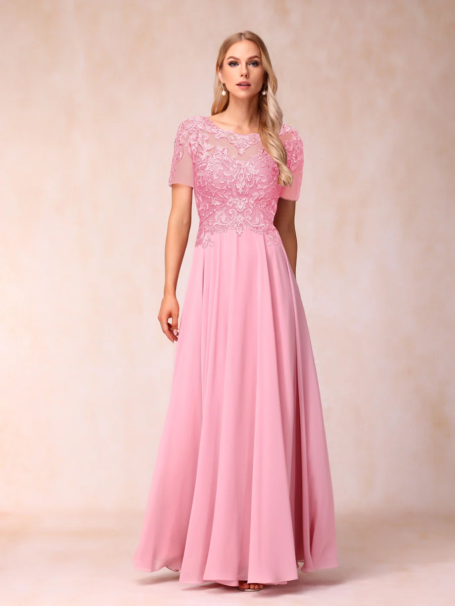 A-Line/Princess Sheer Neck Short Sleeves Long Formal Evening Dresses with Sequins & Appliques - Image 3