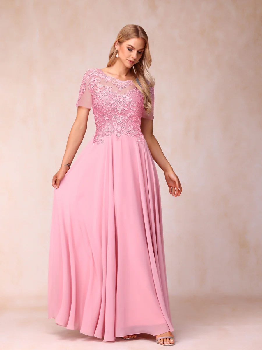A-Line/Princess Sheer Neck Short Sleeves Long Formal Evening Dresses with Sequins & Appliques - Image 5