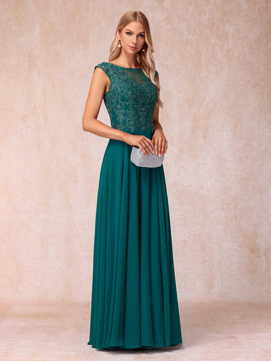 A-Line/Princess Sheer Neck Sleeveless Long Formal Evening Dresses with Beading & Appliques - Image 5