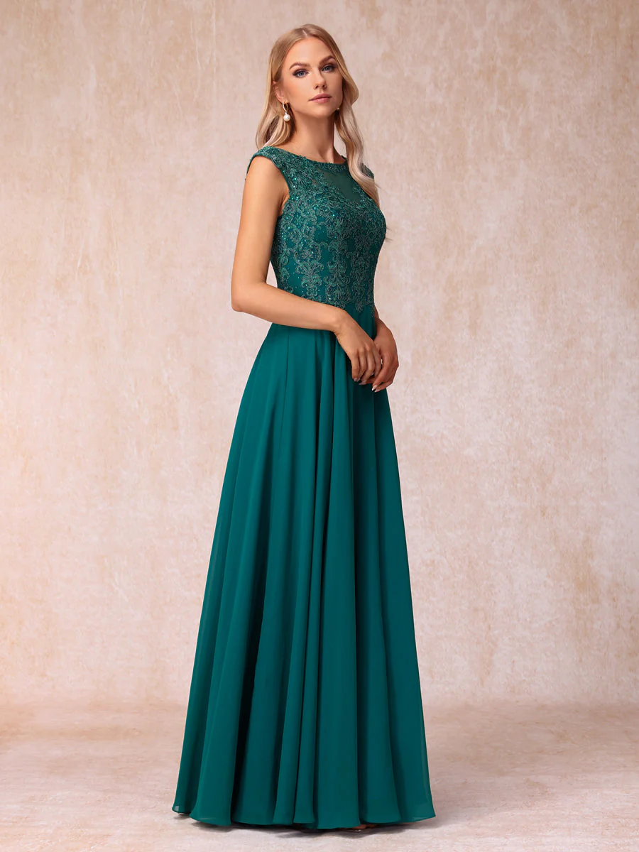 A-Line/Princess Sheer Neck Sleeveless Long Formal Evening Dresses with Beading & Appliques - Image 6