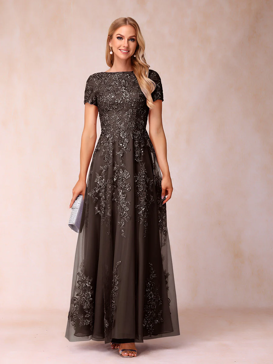 A-Line/Princess Sheer Neck Short Sleeves Long Formal Evening Dresses with Appliques - Image 10