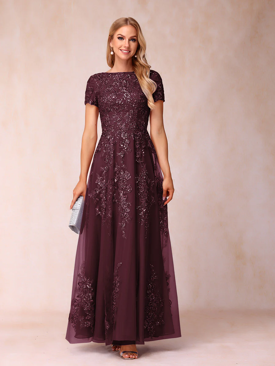 A-Line/Princess Sheer Neck Short Sleeves Long Formal Evening Dresses with Appliques - Image 11