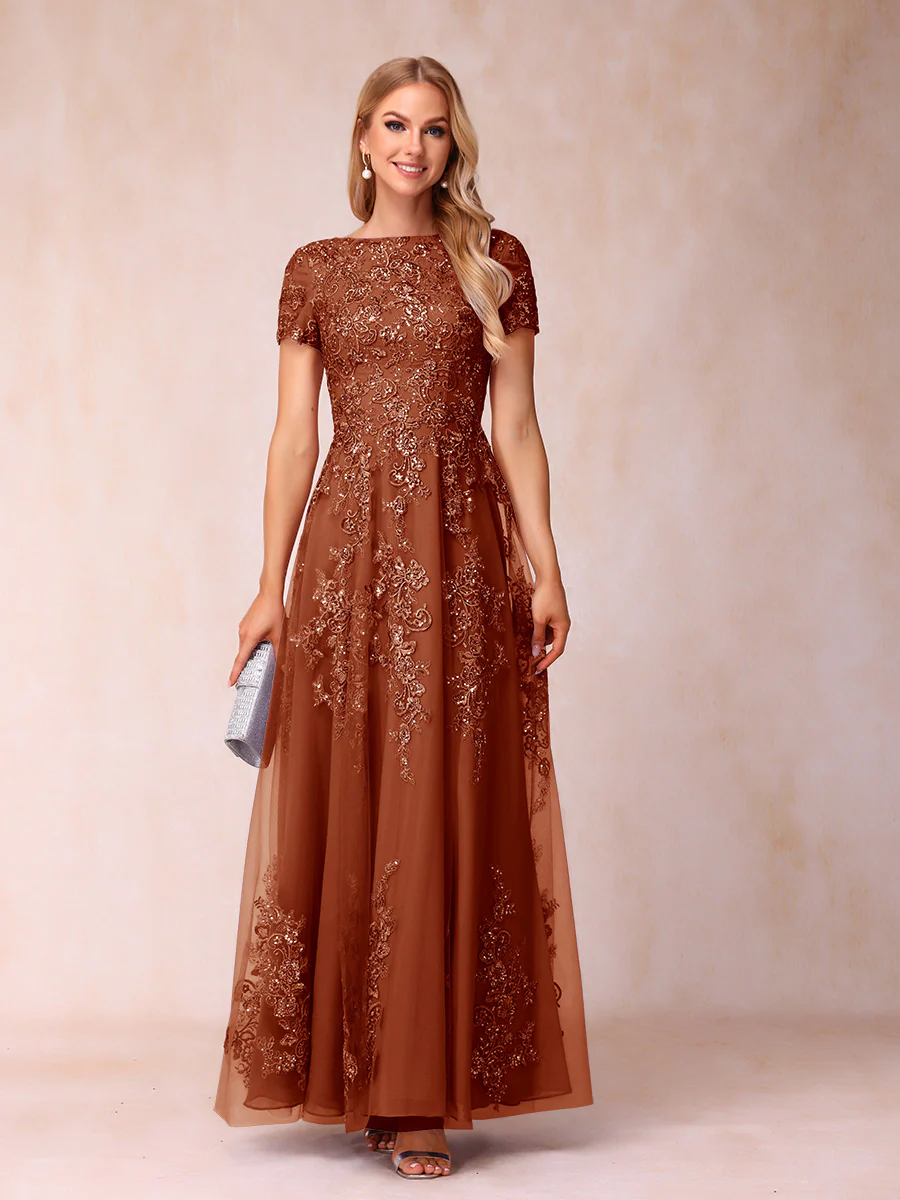 A-Line/Princess Sheer Neck Short Sleeves Long Formal Evening Dresses with Appliques - Image 12