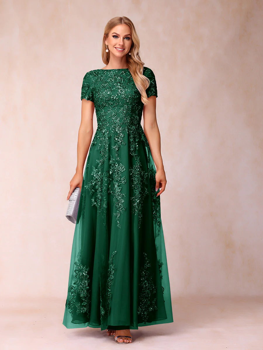 A-Line/Princess Sheer Neck Short Sleeves Long Formal Evening Dresses with Appliques - Image 16