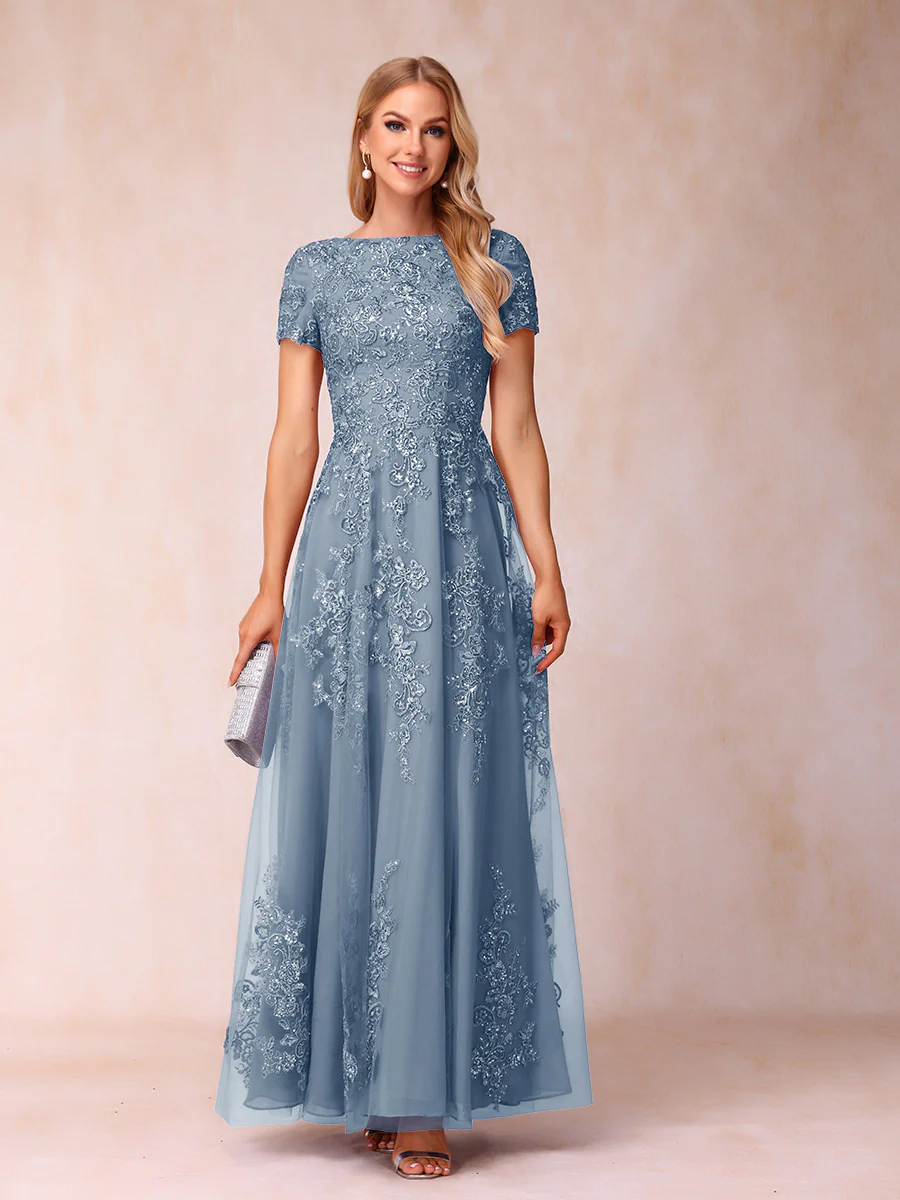 A-Line/Princess Sheer Neck Short Sleeves Long Formal Evening Dresses with Appliques - Image 18