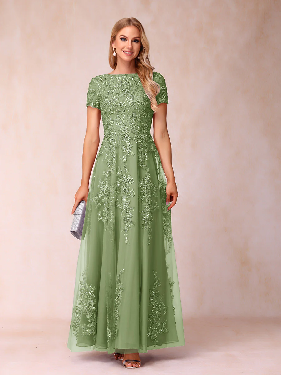 A-Line/Princess Sheer Neck Short Sleeves Long Formal Evening Dresses with Appliques - Image 22