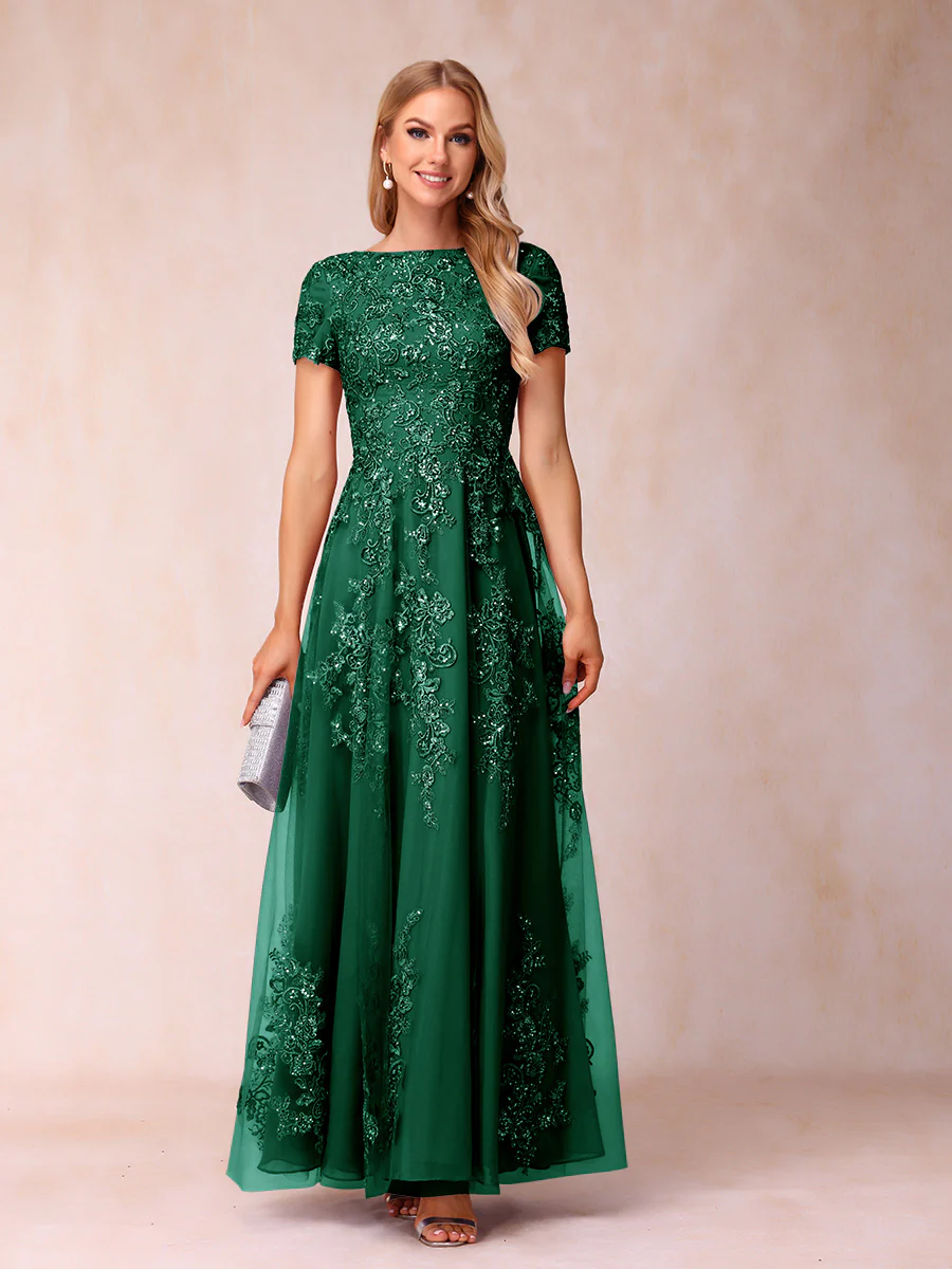 A-Line/Princess Sheer Neck Short Sleeves Long Formal Evening Dresses with Appliques - Image 23