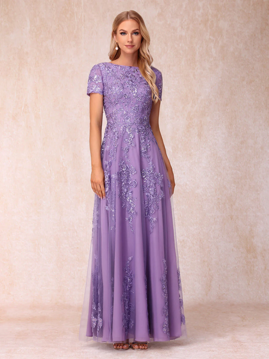 A-Line/Princess Sheer Neck Short Sleeves Long Formal Evening Dresses with Appliques - Image 3