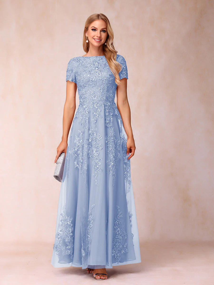 A-Line/Princess Sheer Neck Short Sleeves Long Formal Evening Dresses with Appliques - Image 31