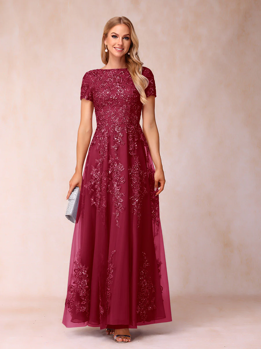 A-Line/Princess Sheer Neck Short Sleeves Long Formal Evening Dresses with Appliques - Image 33