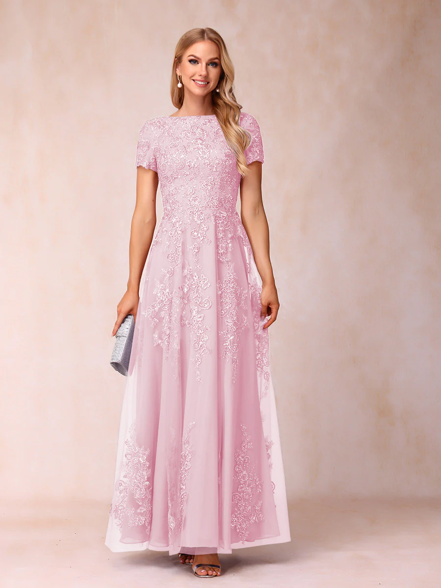 A-Line/Princess Sheer Neck Short Sleeves Long Formal Evening Dresses with Appliques - Image 35