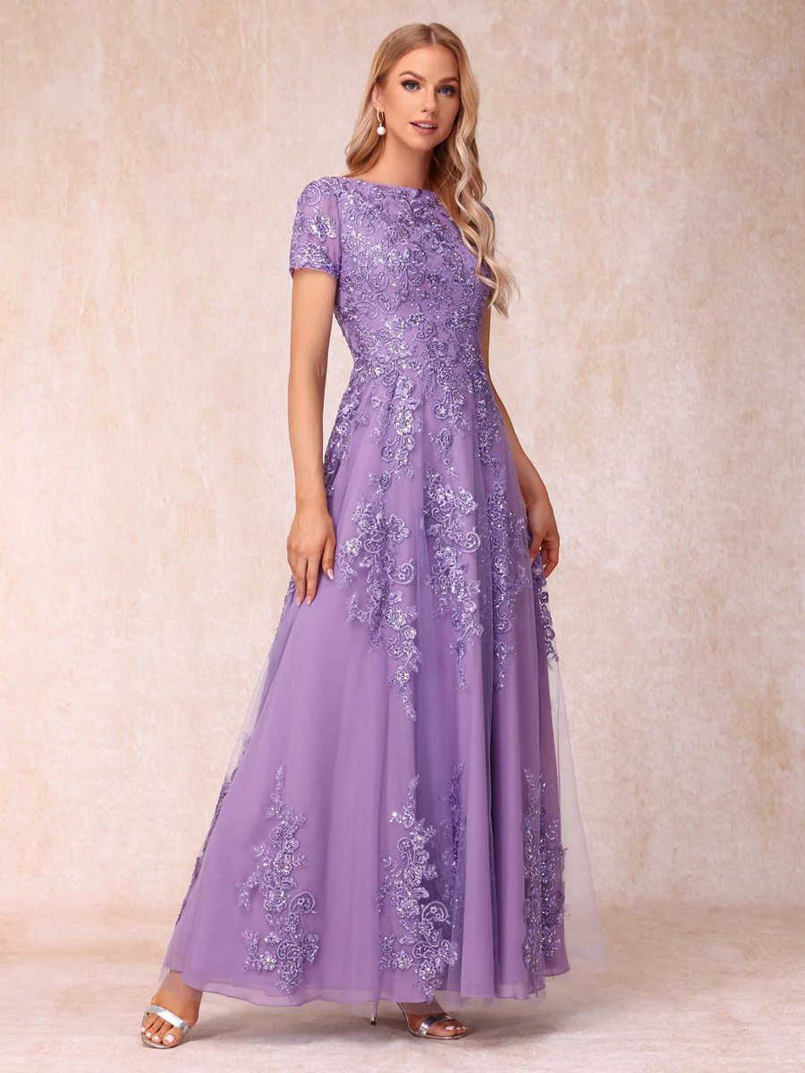 A-Line/Princess Sheer Neck Short Sleeves Long Formal Evening Dresses with Appliques - Image 4