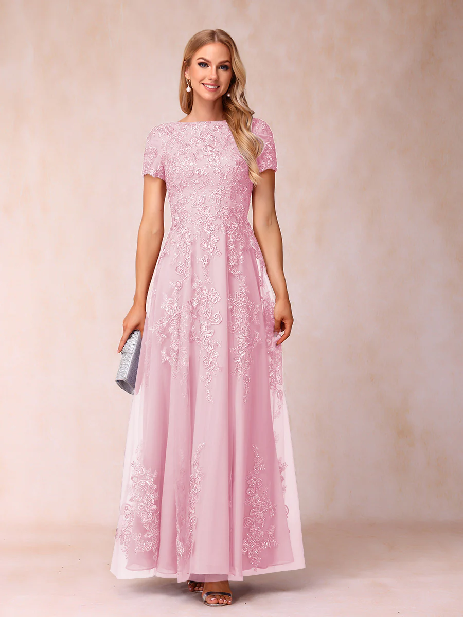 A-Line/Princess Sheer Neck Short Sleeves Long Formal Evening Dresses with Appliques - Image 46