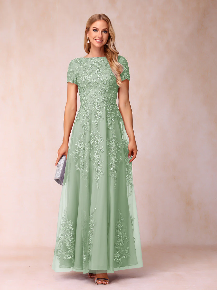 A-Line/Princess Sheer Neck Short Sleeves Long Formal Evening Dresses with Appliques - Image 47