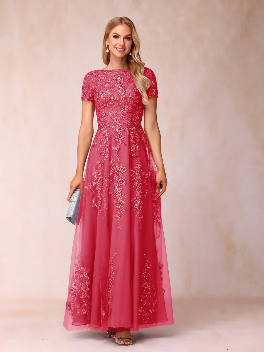 A-Line/Princess Sheer Neck Short Sleeves Long Formal Evening Dresses with Appliques - Image 53