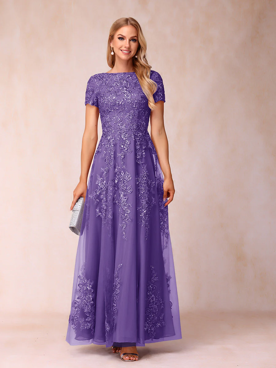 A-Line/Princess Sheer Neck Short Sleeves Long Formal Evening Dresses with Appliques - Image 63