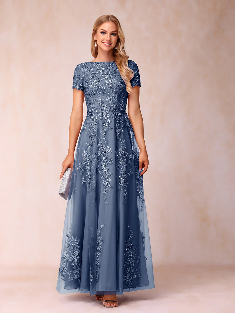 A-Line/Princess Sheer Neck Short Sleeves Long Formal Evening Dresses with Appliques - Image 68