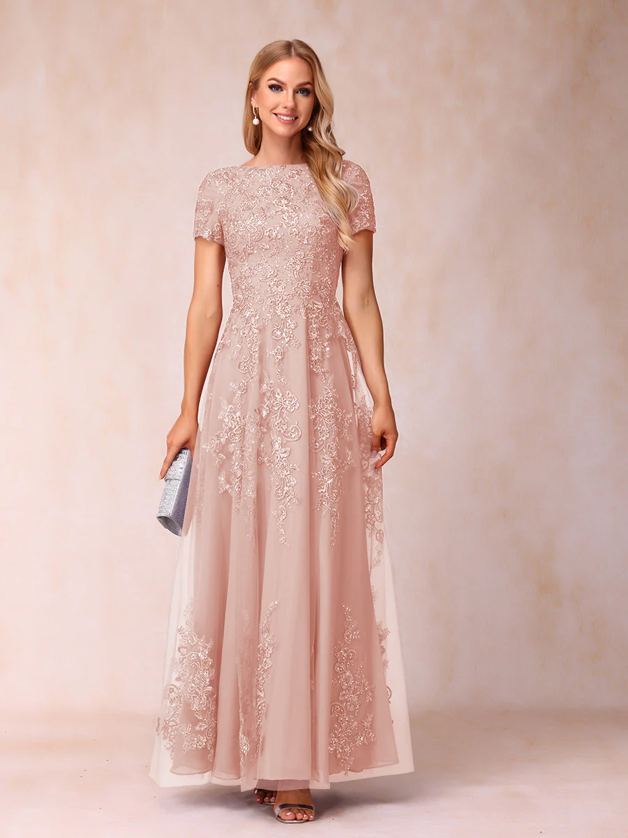 A-Line/Princess Sheer Neck Short Sleeves Long Formal Evening Dresses with Appliques - Image 9