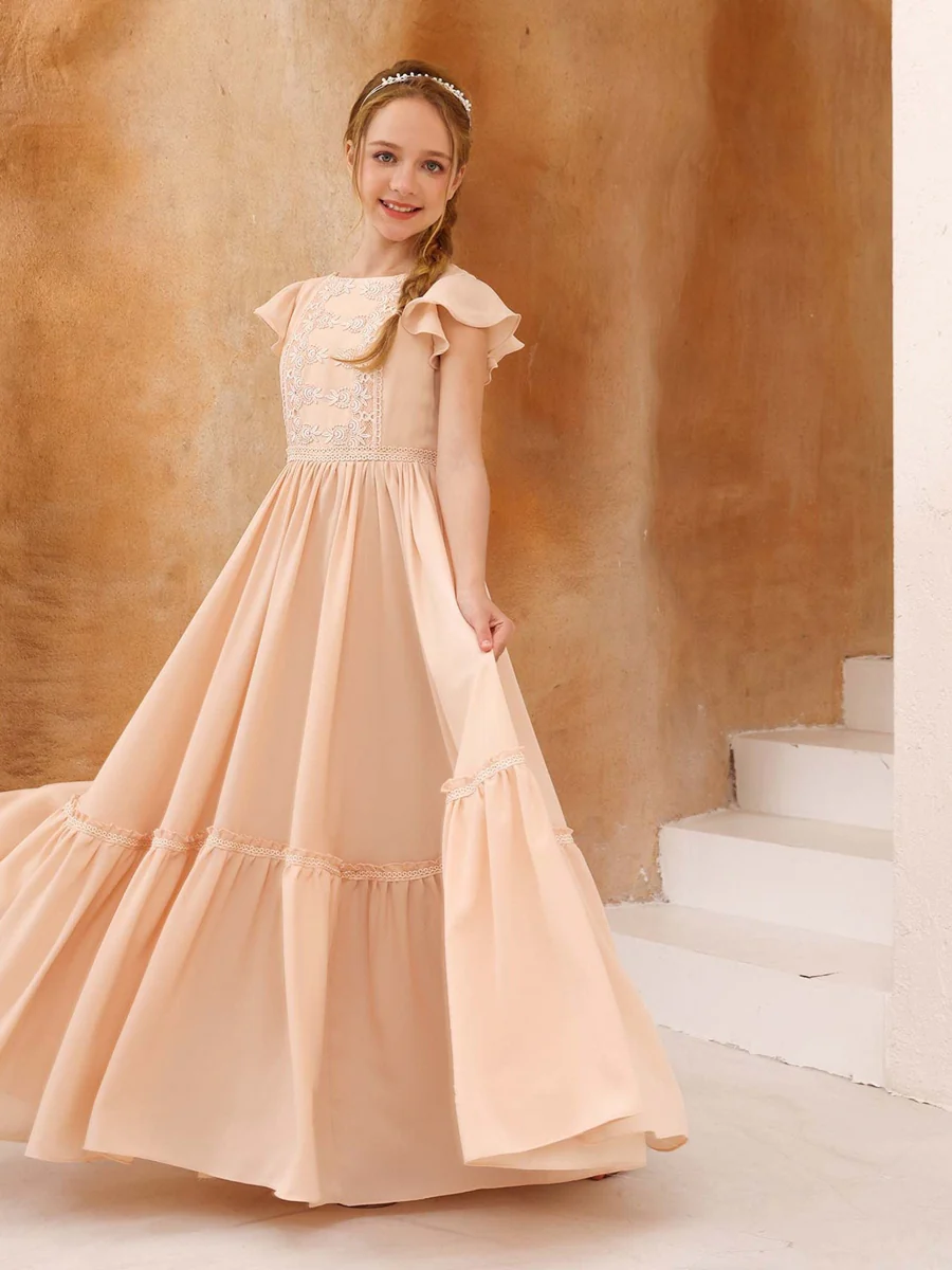 A-Line/Princess Short Sleeves Scoop Neck Floor-Length Junior Bridesmaid Dresses - Image 7