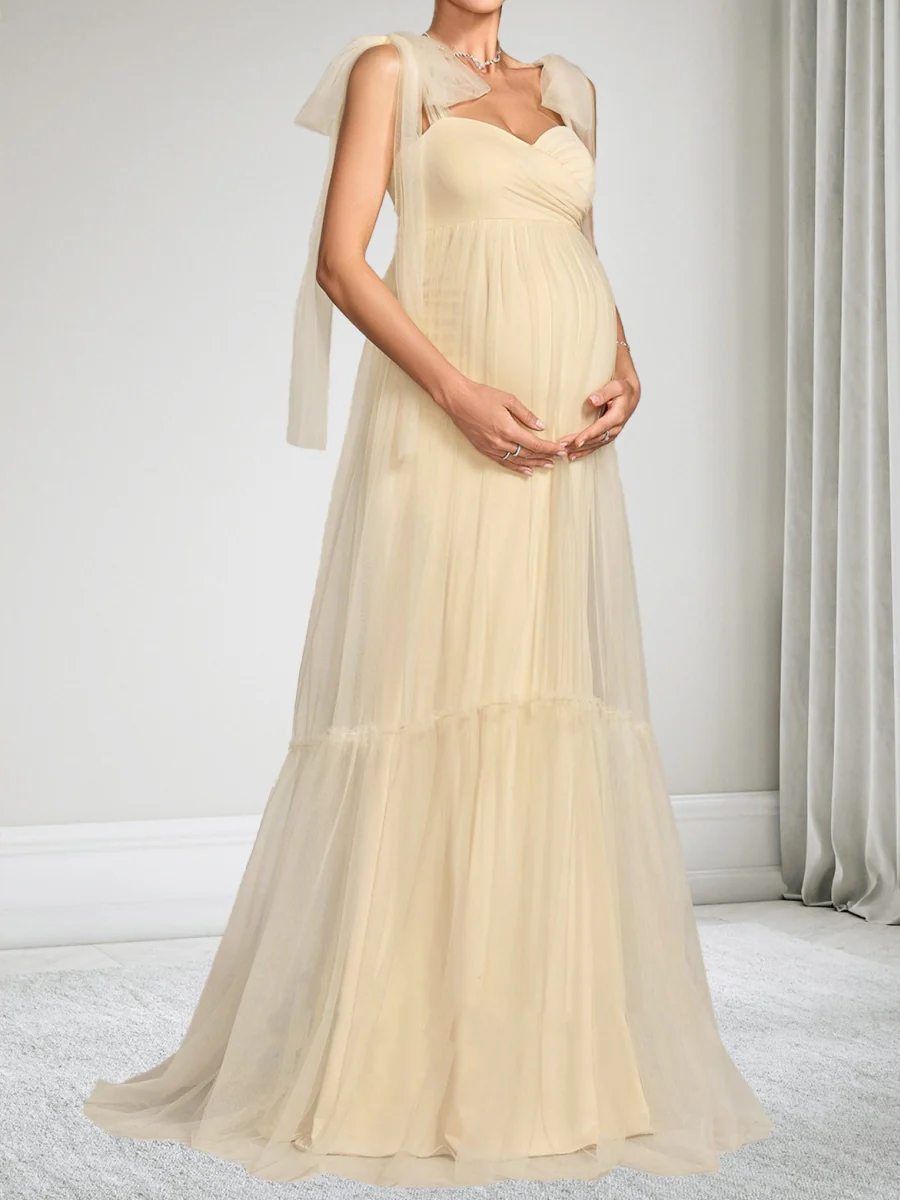 A-Line/Princess Sleeveless Tulle Floor-Length Baby Shower Wedding Guest Dresses with Bowknot - Image 4