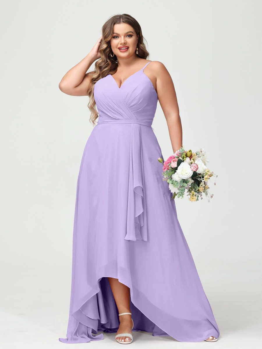A-Line/Princess Spaghetti Straps Chiffon Ruffles Asymmetrical Plus Size Bridesmaid Dresses with Pockets - Image 15
