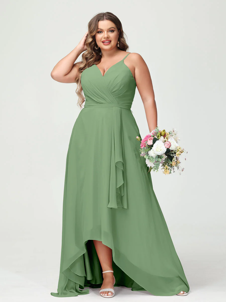A-Line/Princess Spaghetti Straps Chiffon Ruffles Asymmetrical Plus Size Bridesmaid Dresses with Pockets - Image 17